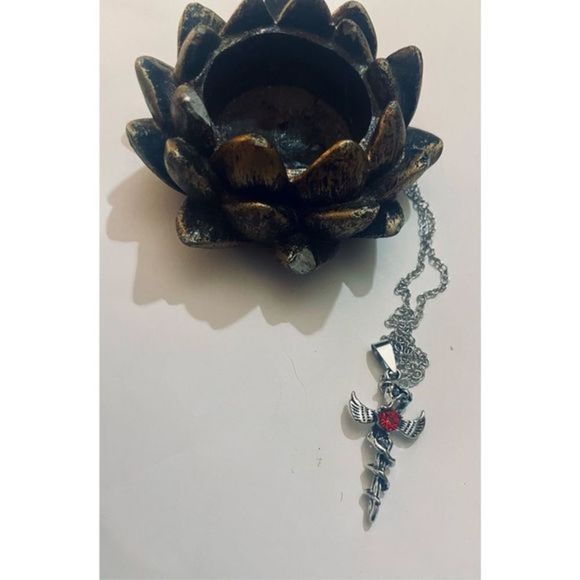 Pretty SILVER GOTH SWORD RED STONE NECKLACE - Picture 2 of 5